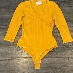 Mara Hoffman Yellow Ribbed Wrap-Front Long-Sleeve One-Piece Bodysuit